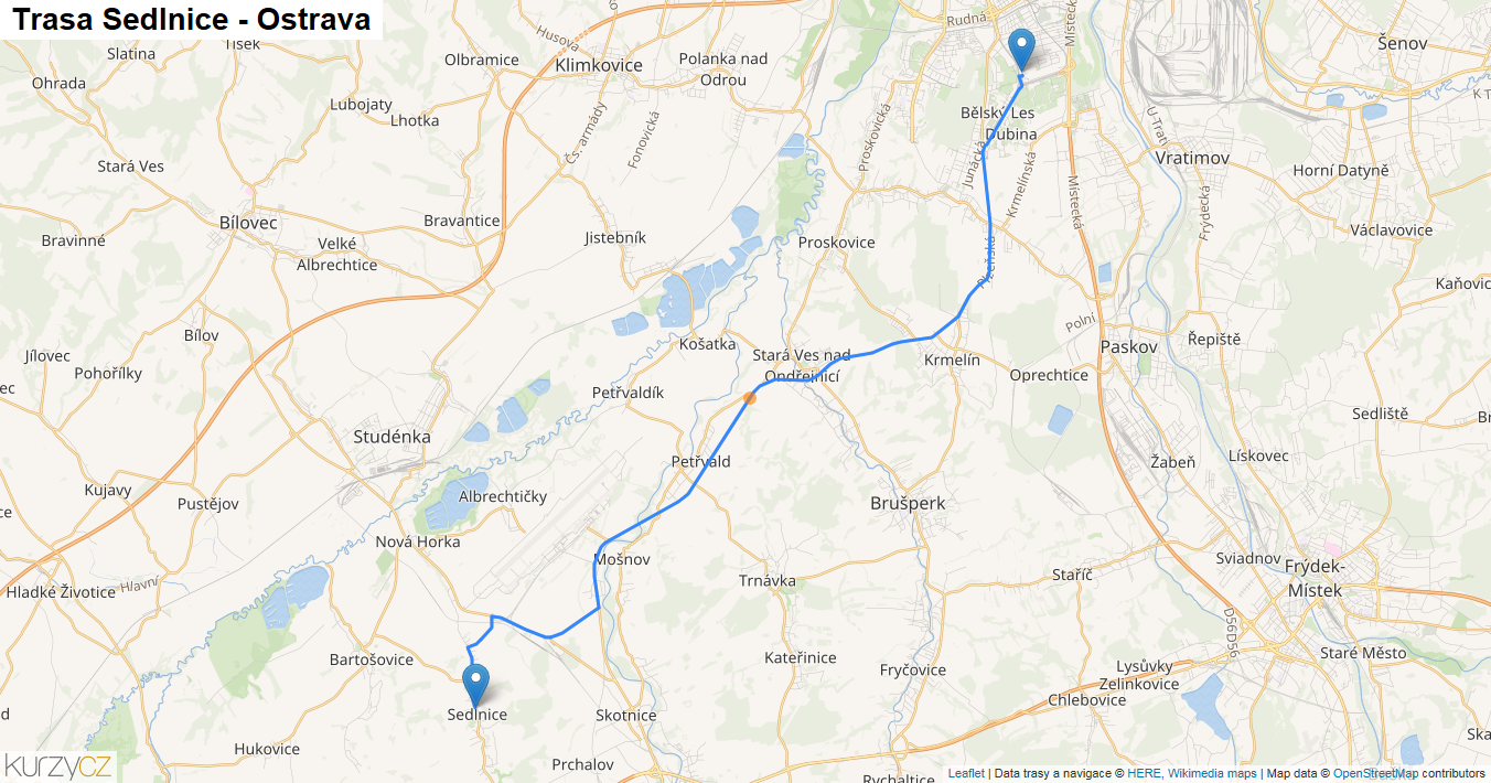 Sedlnice-Ostrava, mapa trasy