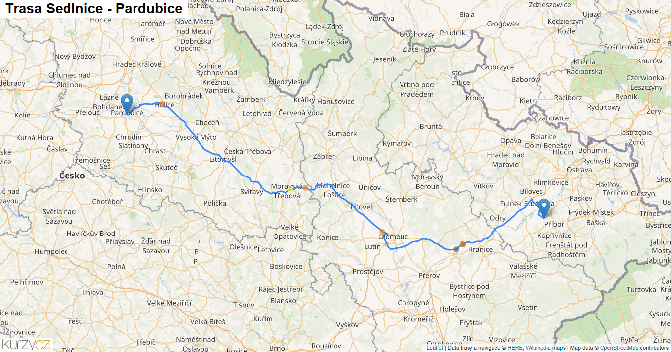 Sedlnice-Pardubice, mapa trasy