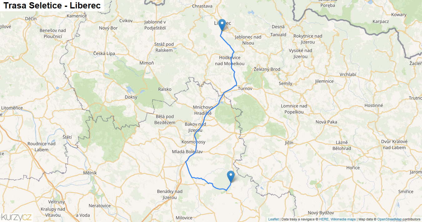 Seletice-Liberec, mapa trasy