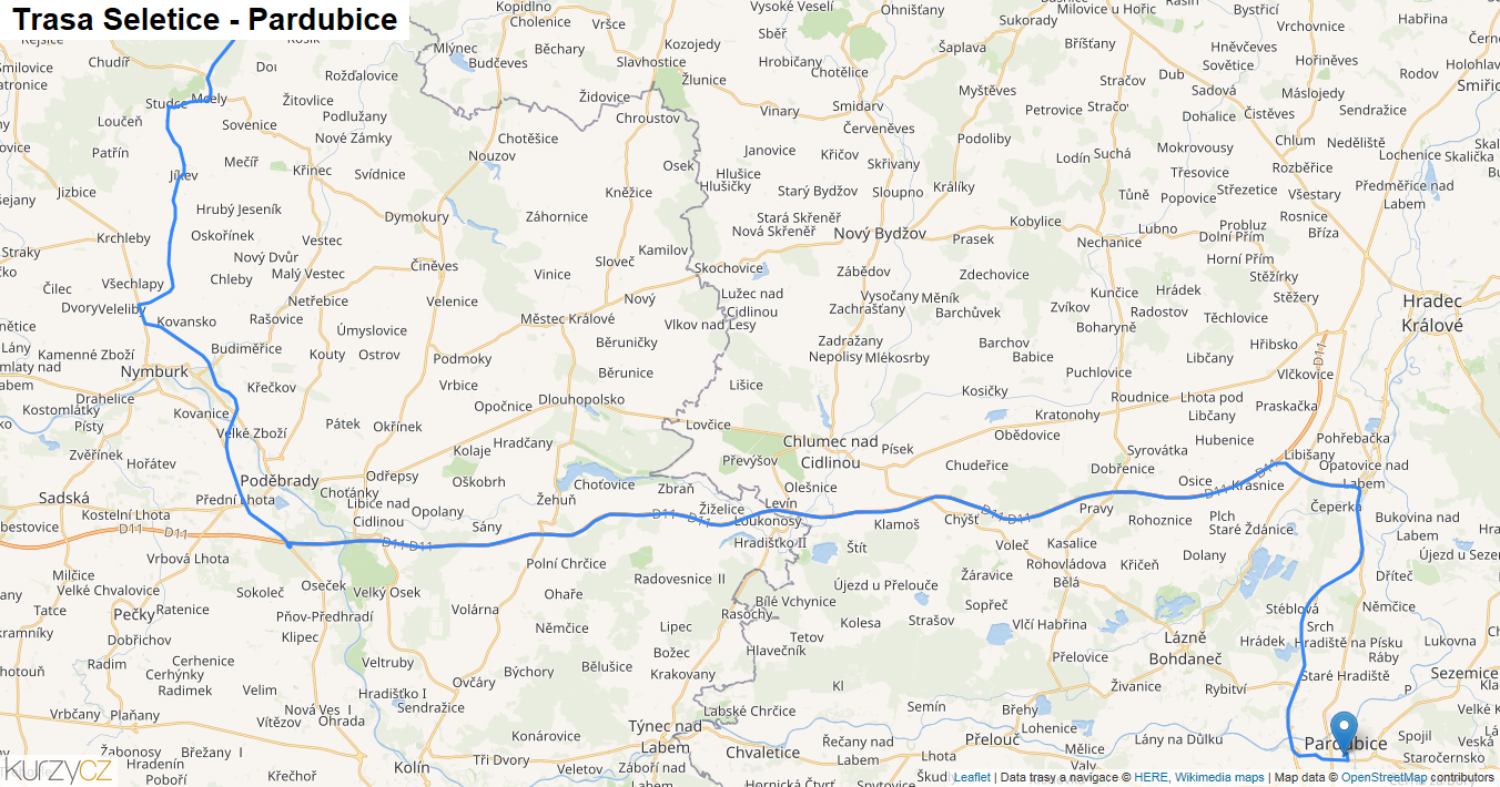 Seletice-Pardubice, mapa trasy