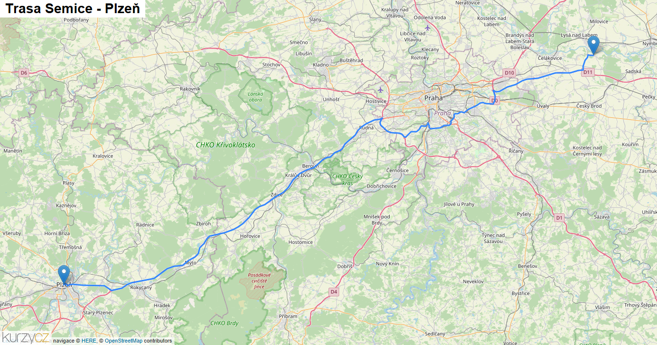 Semice-Plzeň, mapa trasy