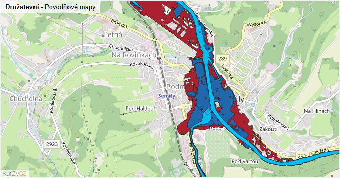 Družstevní - záplavové mapy stoleté vody
