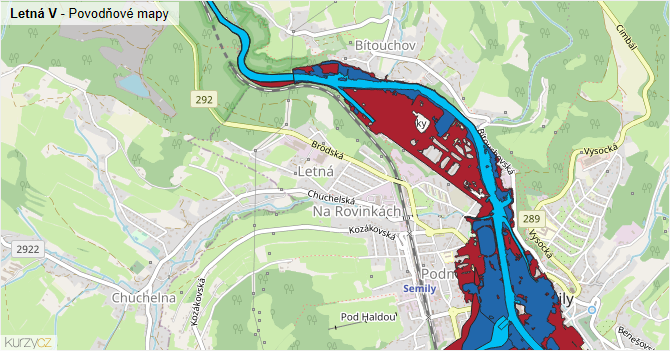 Letná V - záplavové mapy stoleté vody