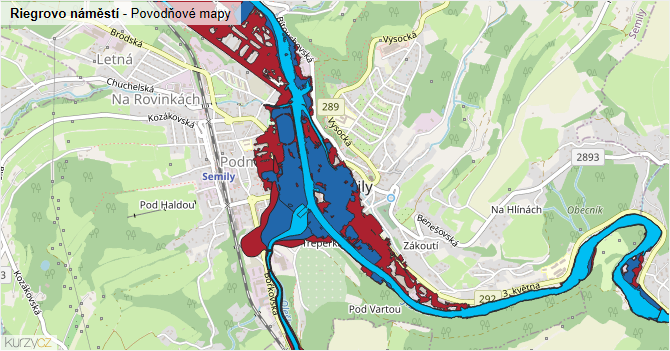 Riegrovo náměstí - záplavové mapy stoleté vody