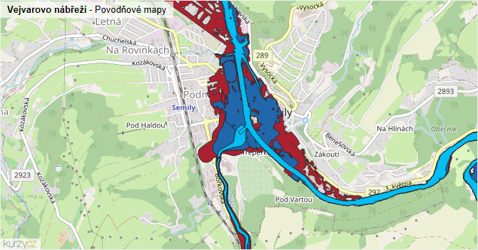 Vejvarovo nábřeží - záplavové mapy stoleté vody