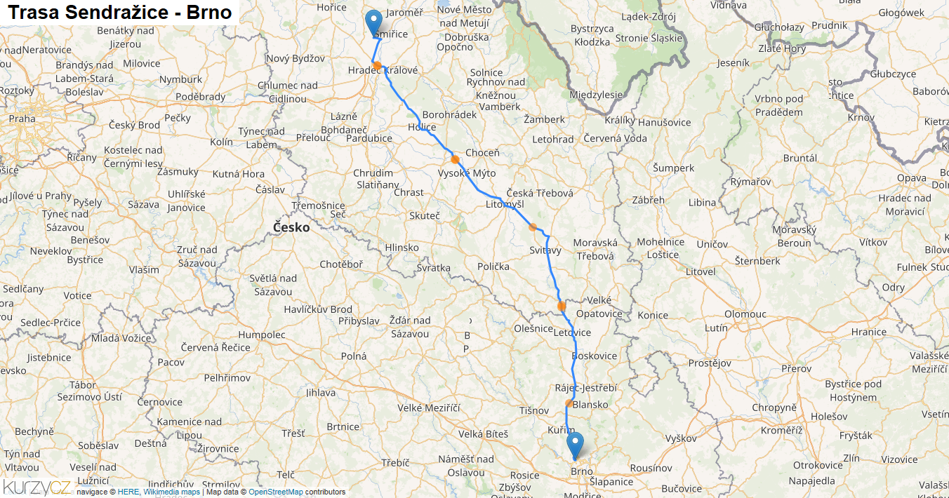 Sendražice-Brno, mapa trasy