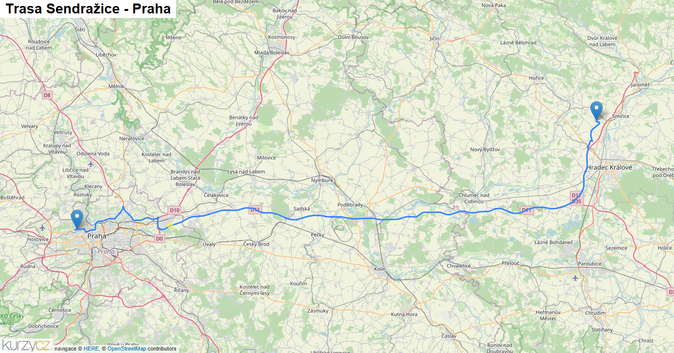 Sendražice-Praha, mapa trasy