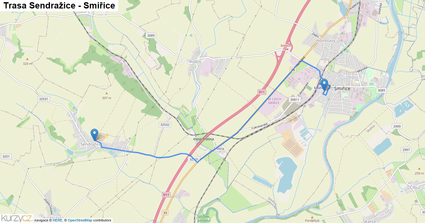 Sendražice-Smiřice, mapa trasy