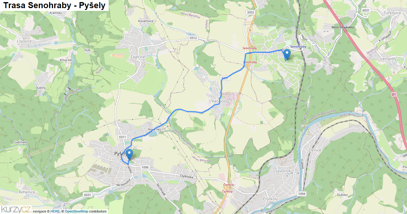 Senohraby-Pyšely, mapa trasy
