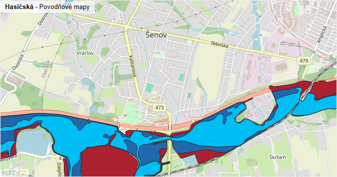 Hasičská - záplavové mapy stoleté vody