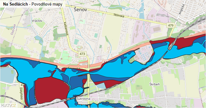Na Sedlácích - záplavové mapy stoleté vody