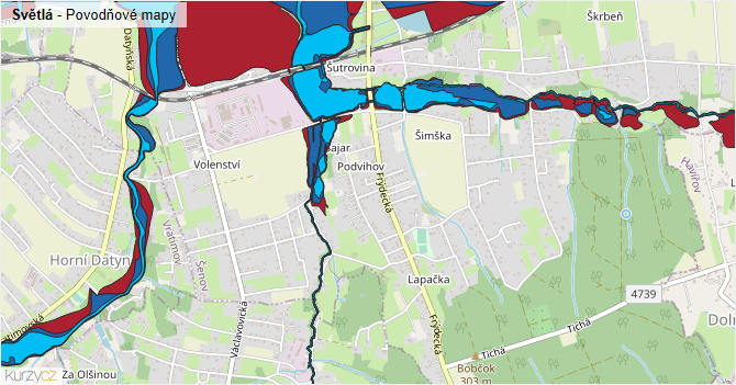 Světlá - záplavové mapy stoleté vody