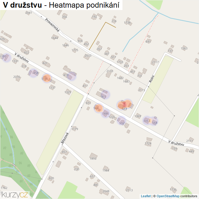 Mapa V družstvu - Firmy v ulici.