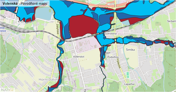 Volenská - záplavové mapy stoleté vody