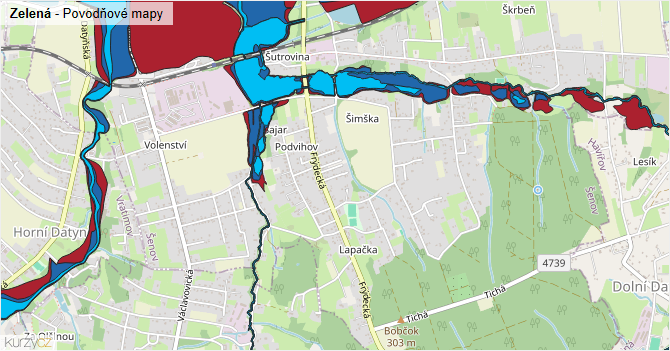 Zelená - záplavové mapy stoleté vody