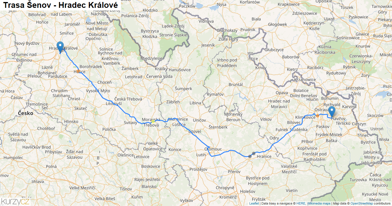 Šenov-Hradec Králové, mapa trasy