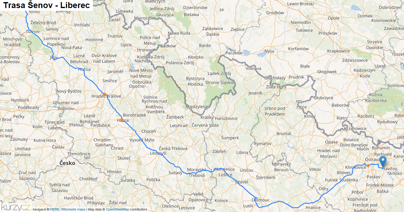 Šenov-Liberec, mapa trasy