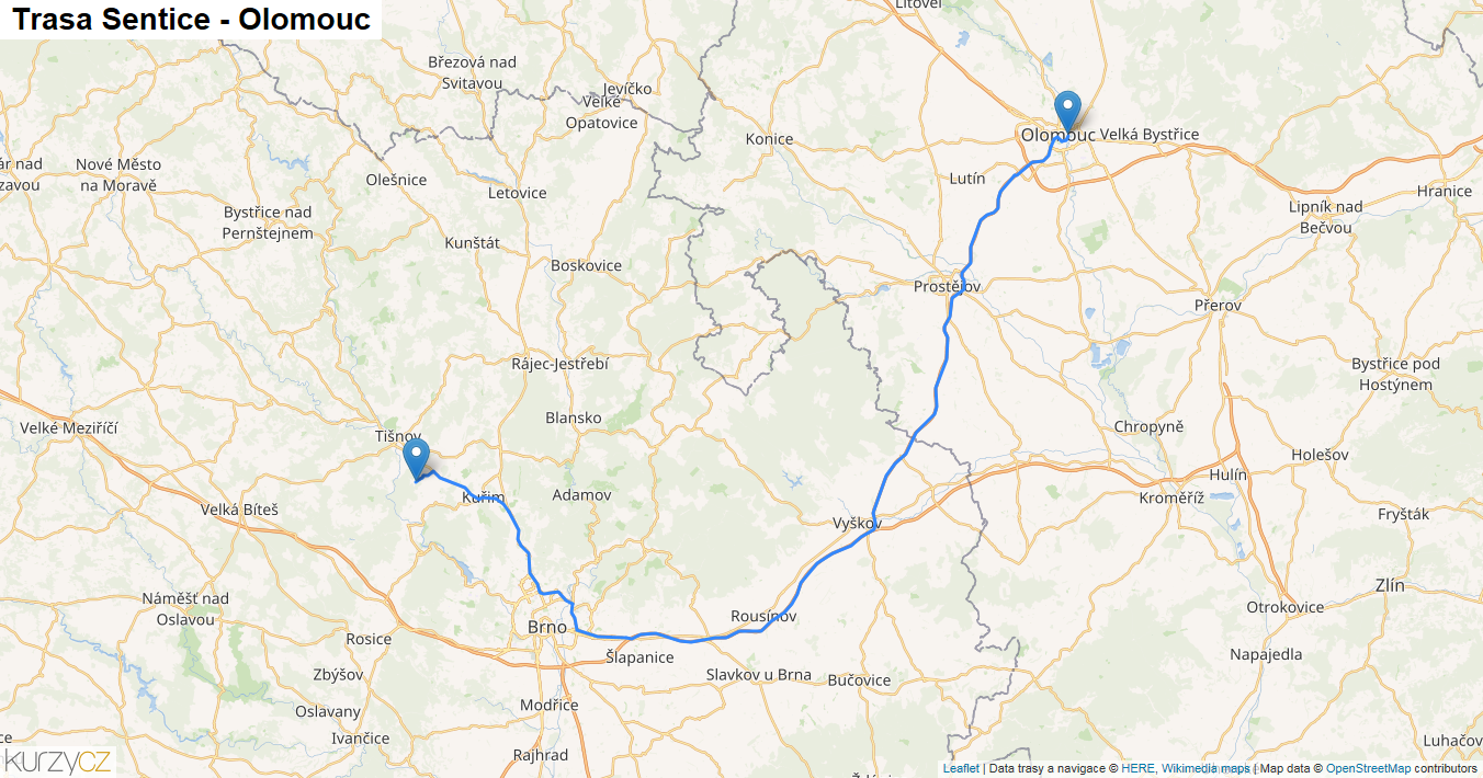 Sentice-Olomouc, mapa trasy