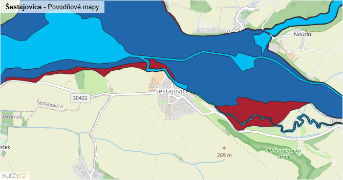 Šestajovice - záplavové mapy stoleté vody