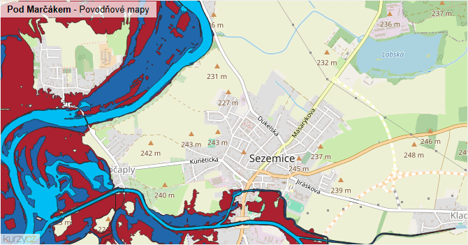 Pod Marčákem - záplavové mapy stoleté vody