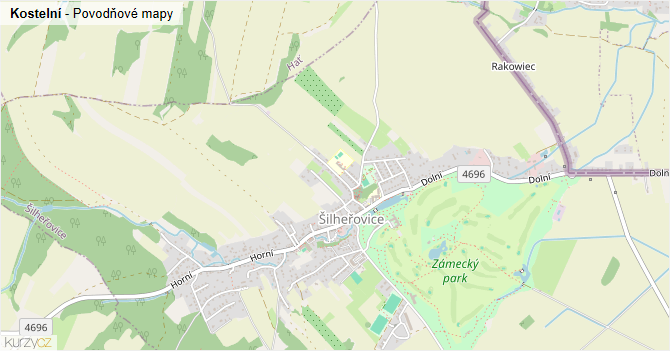 Kostelní - záplavové mapy stoleté vody