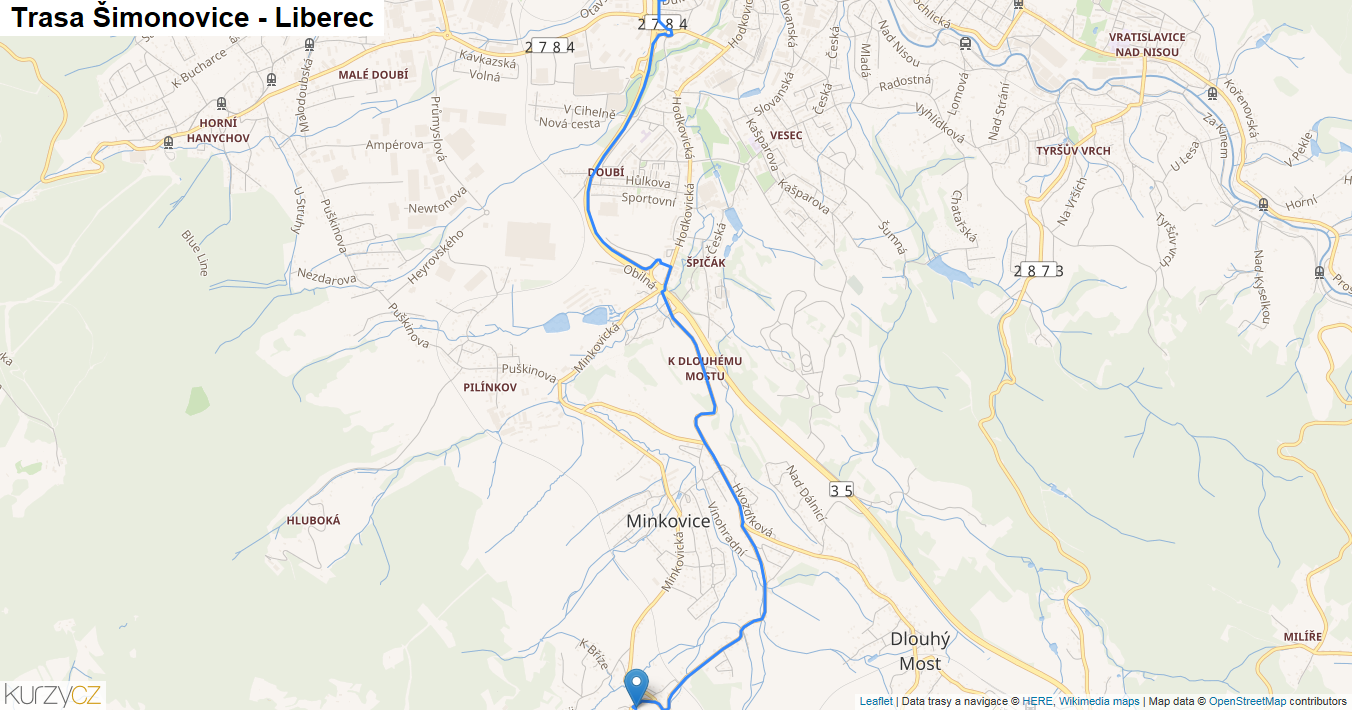 Šimonovice-Liberec, mapa trasy