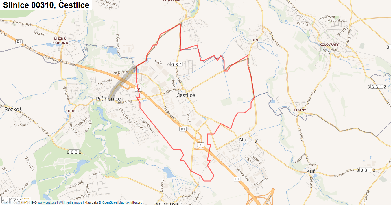 Čestlice, Silnice 00310 - Mapa