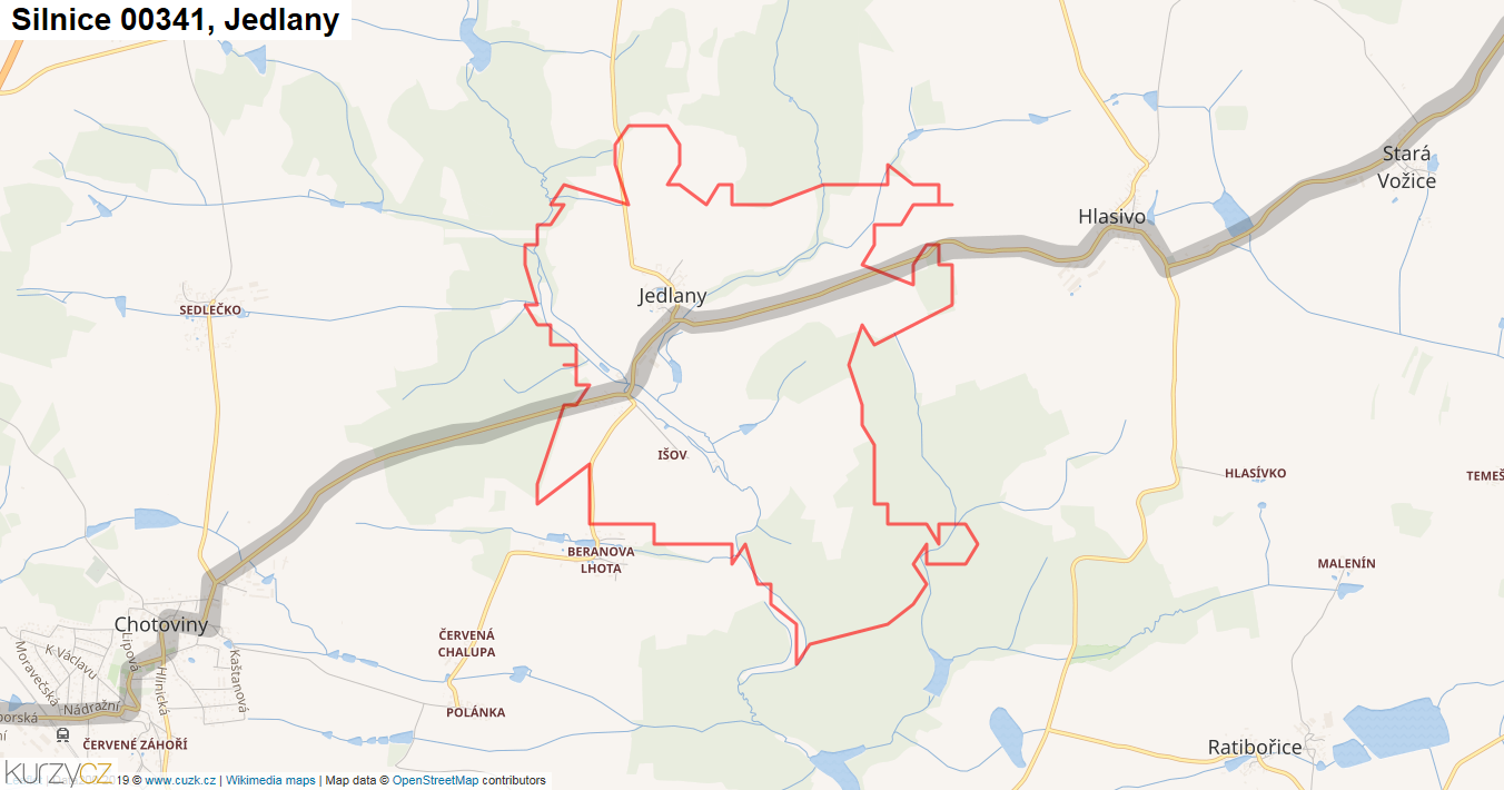 Jedlany, Silnice 00341 - Mapa