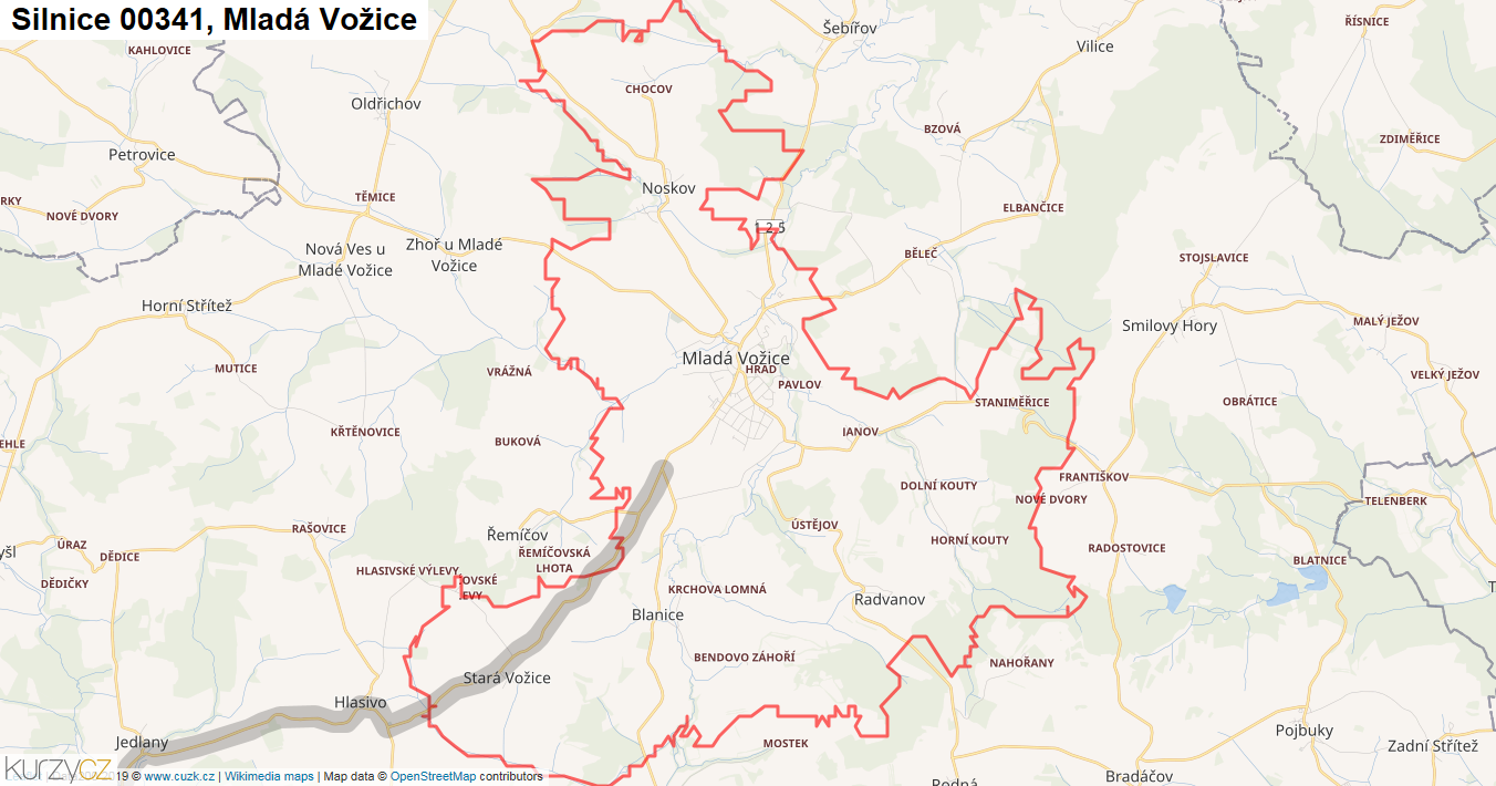 Mladá Vožice, Silnice 00341 - Mapa