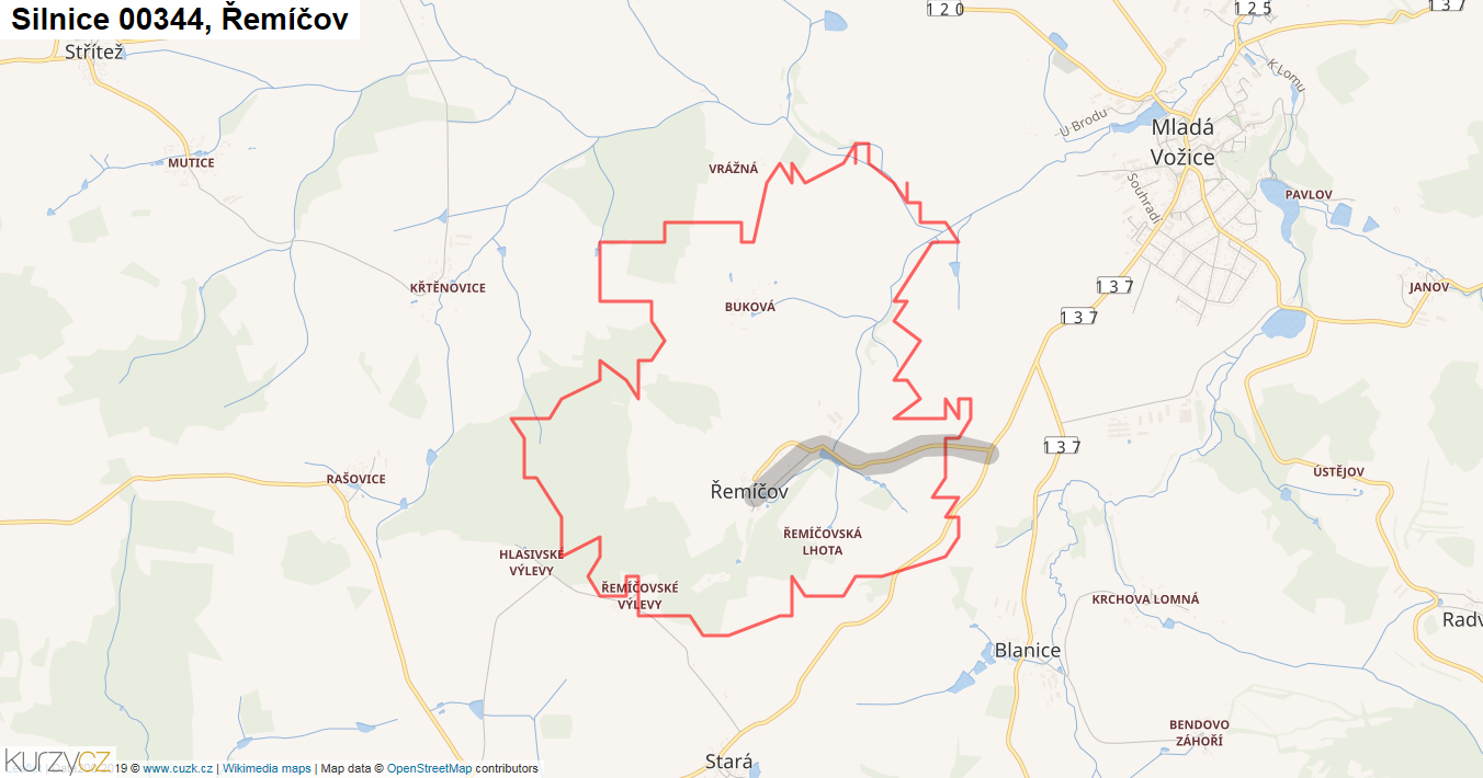 Řemíčov, Silnice 00344 - Mapa