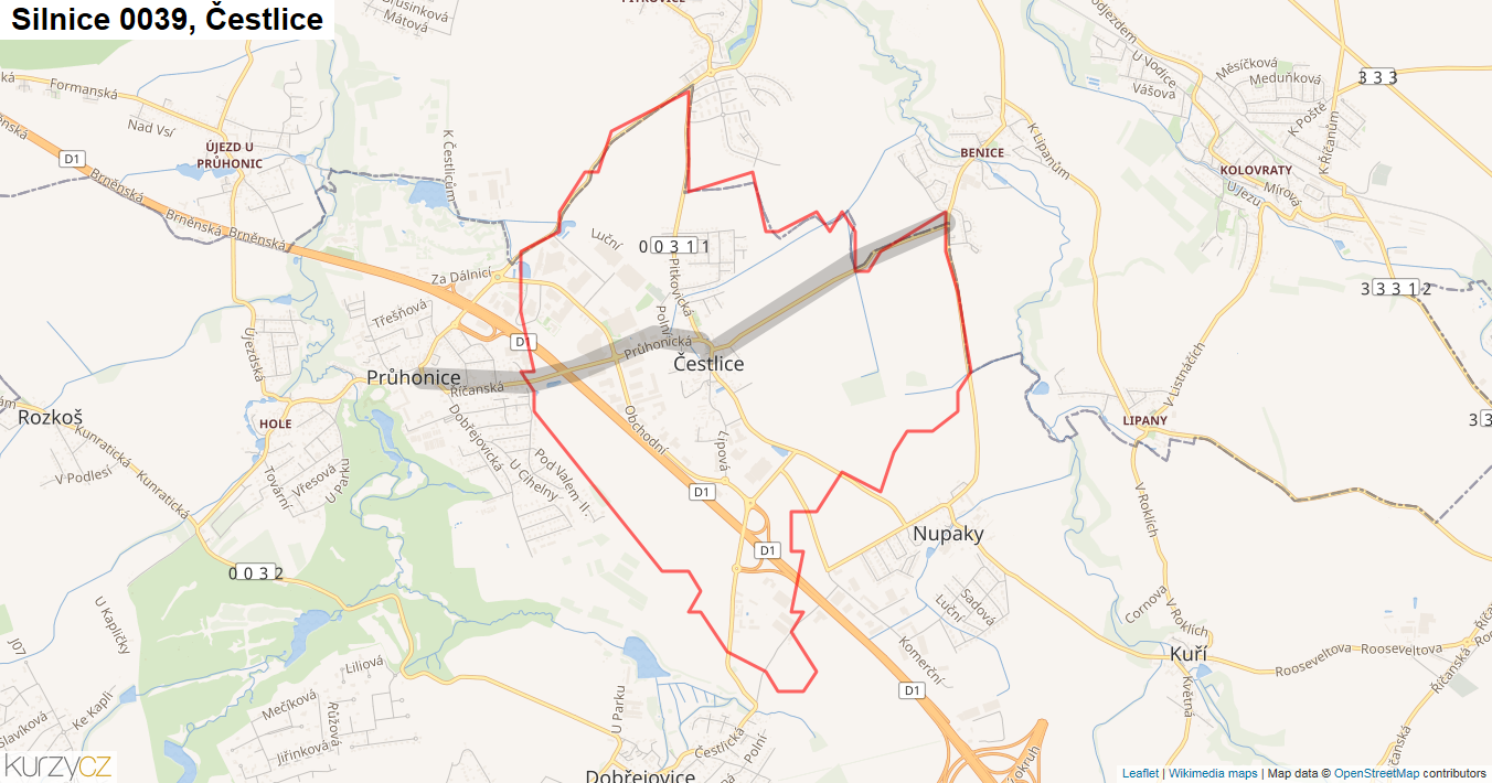 Čestlice, Silnice 0039 - Mapa