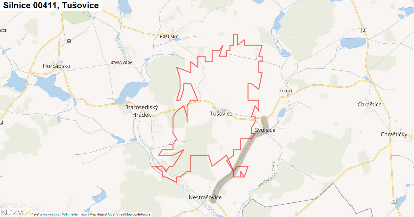 Tušovice, Silnice 00411 - Mapa