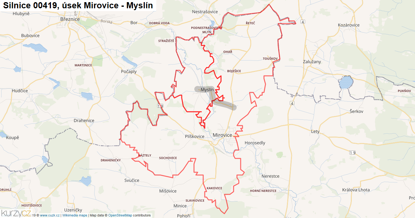 Úsek Mirovice - Myslín, Silnice 00419 - Mapa