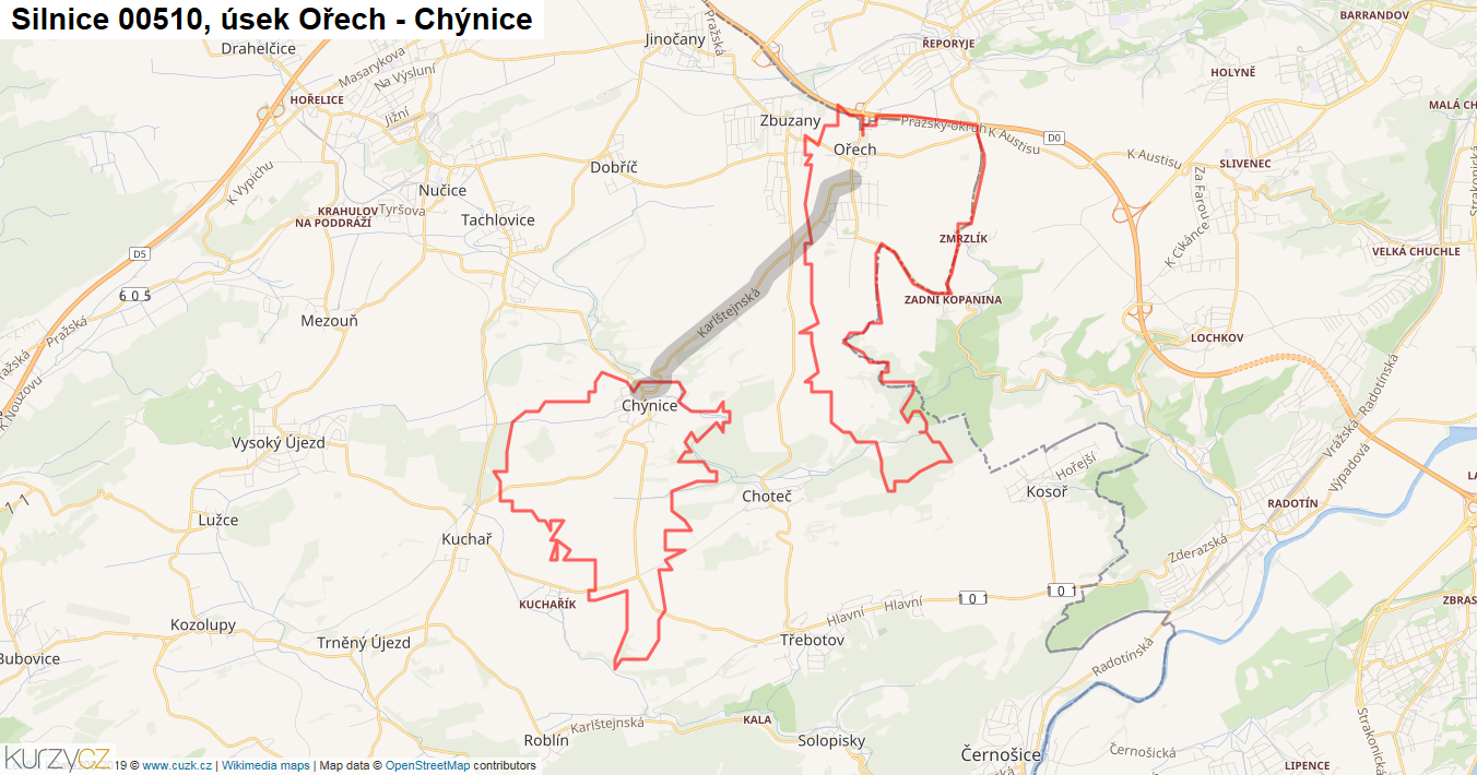 Úsek Ořech - Chýnice, Silnice 00510 - Mapa