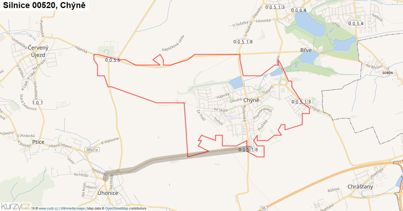 Chýně, Silnice 00520 - Mapa