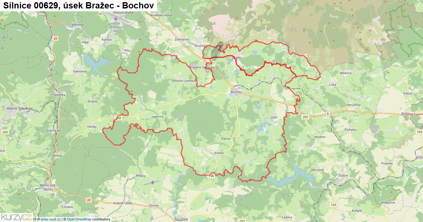 Úsek Bražec - Bochov, Silnice 00629 - Mapa