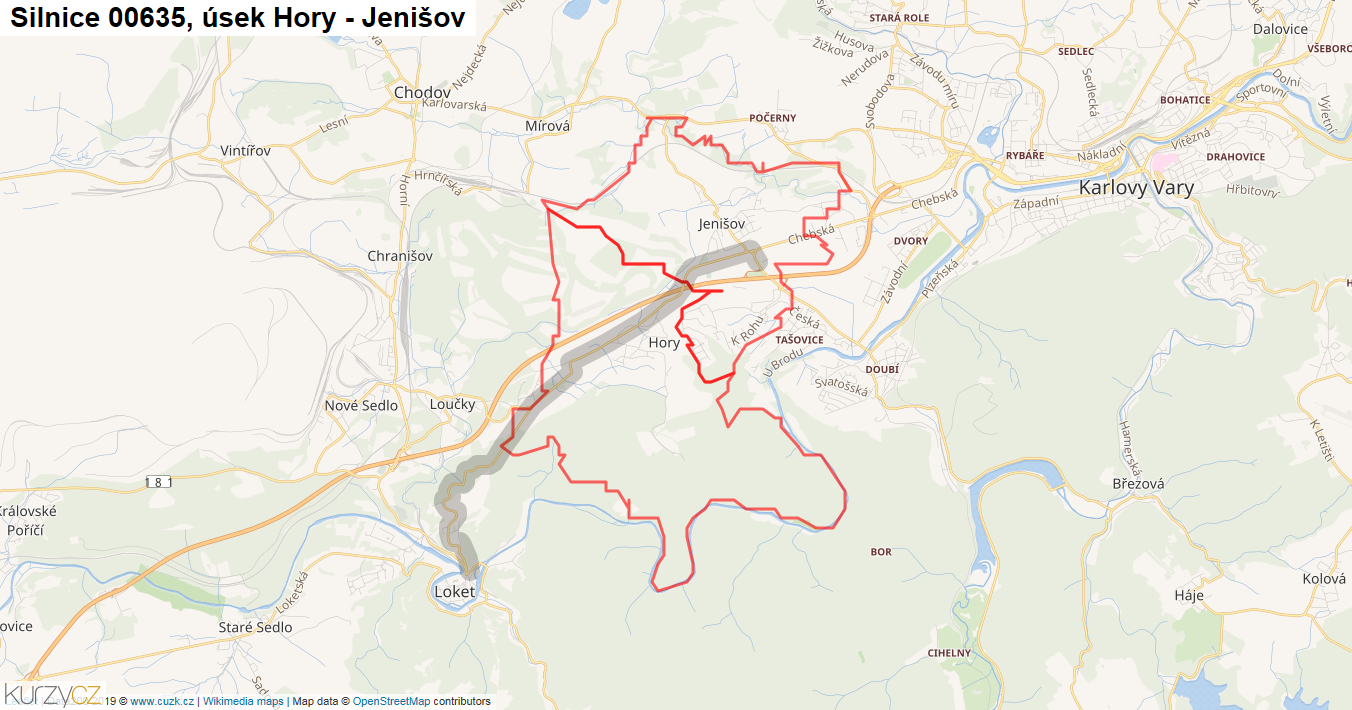 Úsek Hory - Jenišov, Silnice 00635 - Mapa