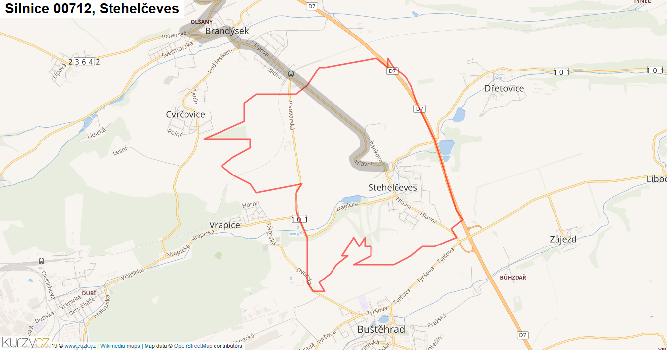 Stehelčeves, Silnice 00712 - Mapa