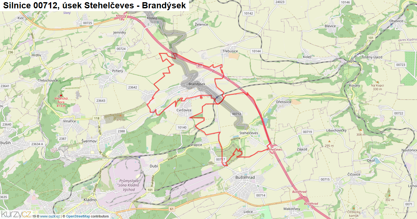 Úsek Stehelčeves - Brandýsek, Silnice 00712 - Mapa