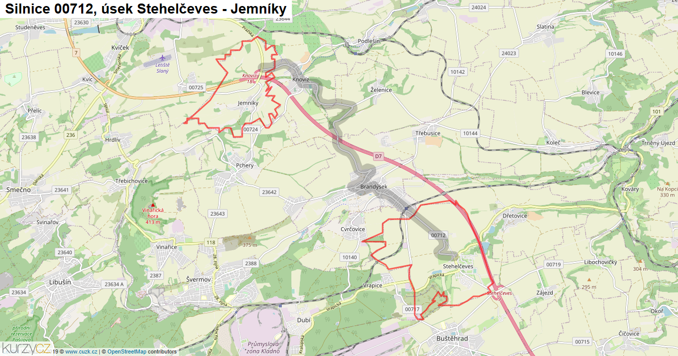 Úsek Stehelčeves - Jemníky, Silnice 00712 - Mapa