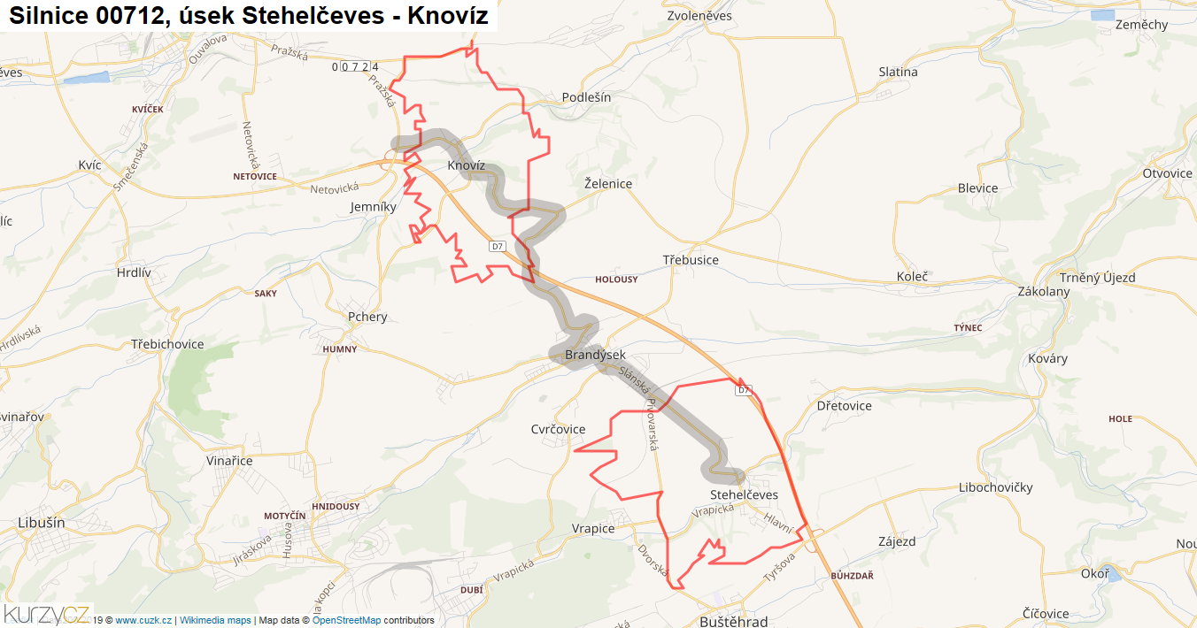 Úsek Stehelčeves - Knovíz, Silnice 00712 - Mapa