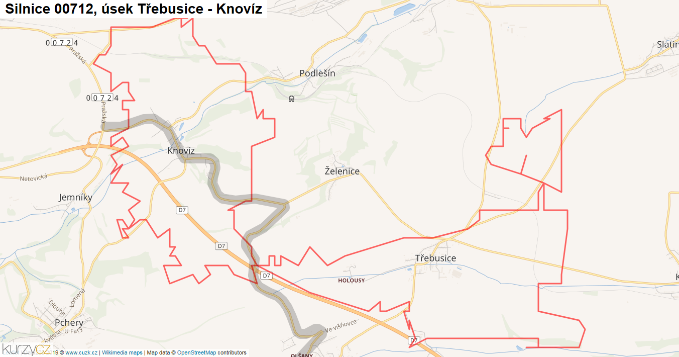 Úsek Třebusice - Knovíz, Silnice 00712 - Mapa