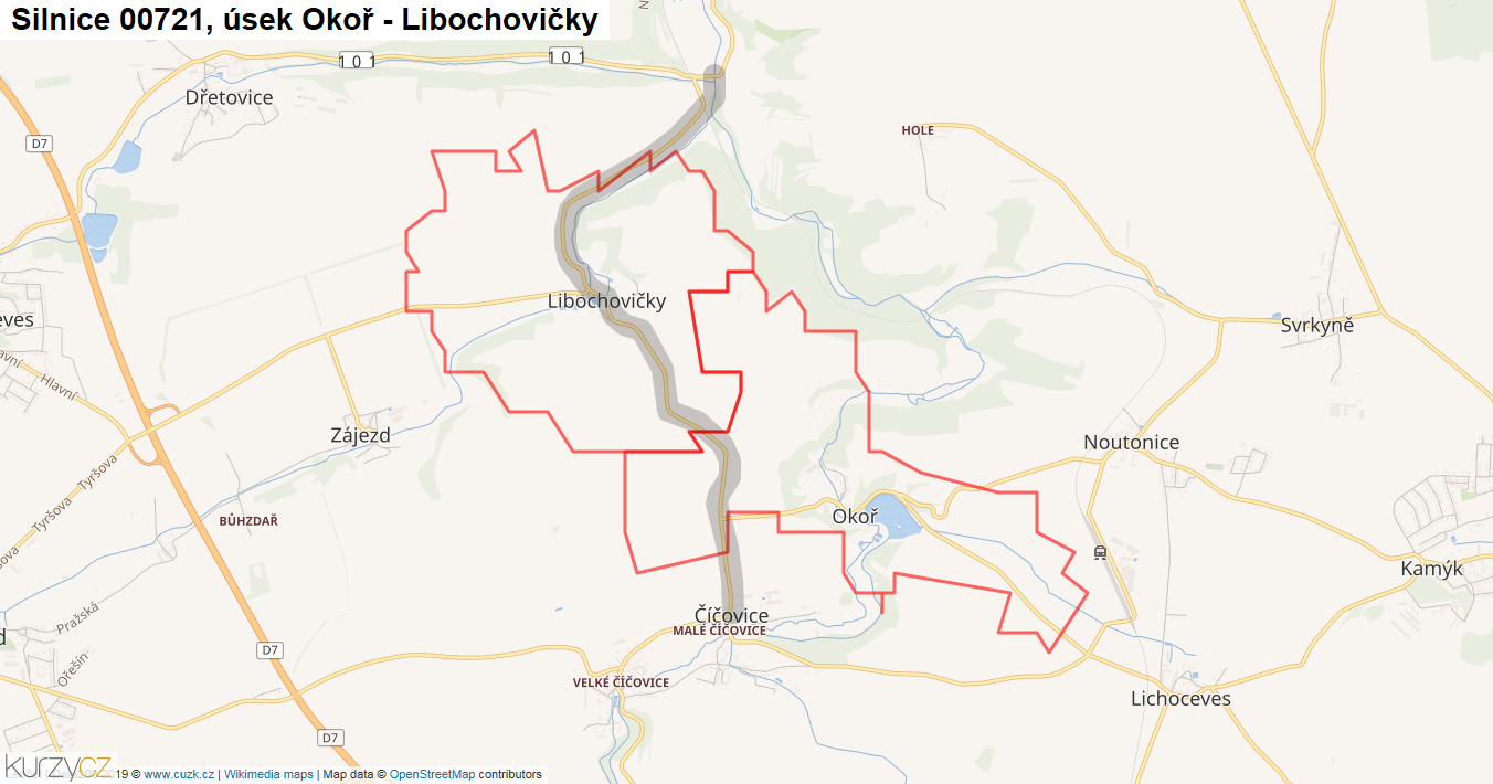 Úsek Okoř - Libochovičky, Silnice 00721 - Mapa