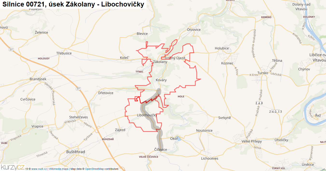Úsek Zákolany - Libochovičky, Silnice 00721 - Mapa