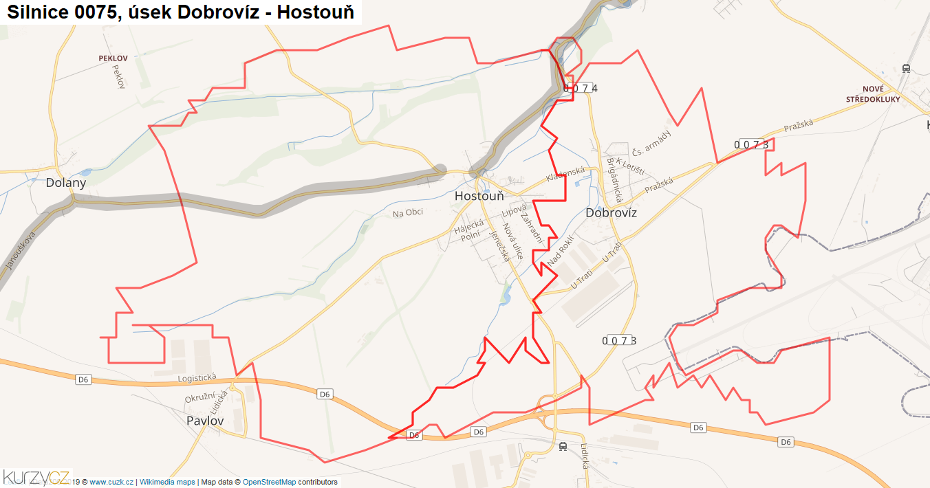 Úsek Dobrovíz - Hostouň, Silnice 0075 - Mapa