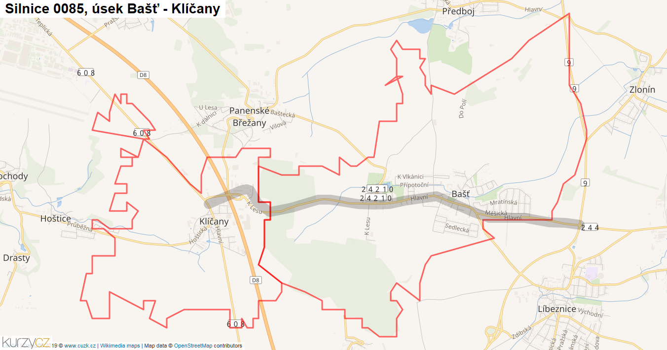 Úsek Bašť - Klíčany, Silnice 0085 - Mapa