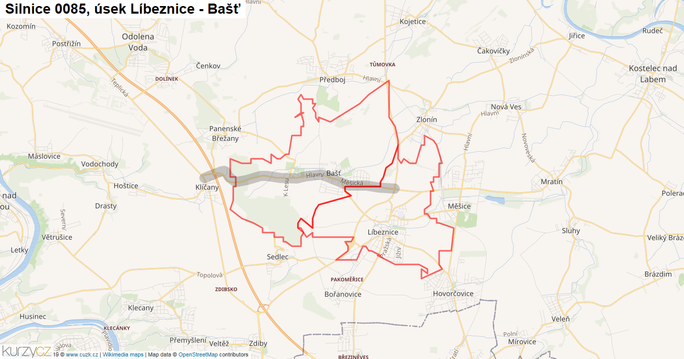 Úsek Líbeznice - Bašť, Silnice 0085 - Mapa