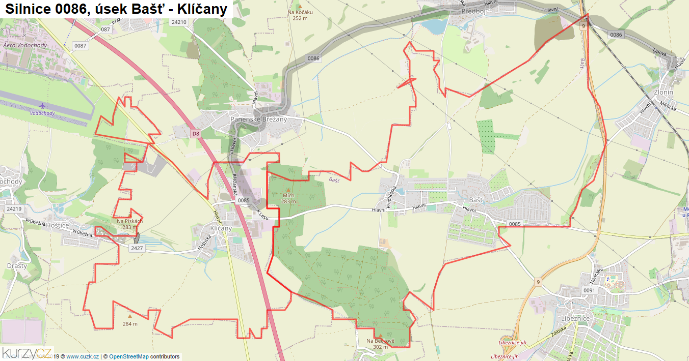 Úsek Bašť - Klíčany, Silnice 0086 - Mapa