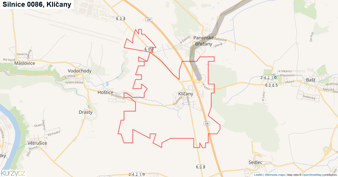 Klíčany, Silnice 0086 - Mapa