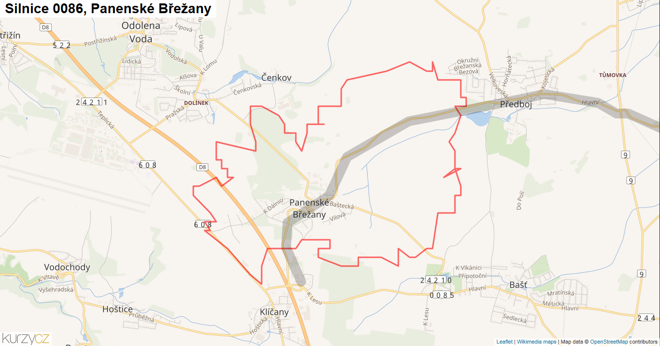 Panenské Břežany, Silnice 0086 - Mapa